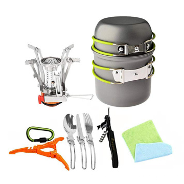 14 Piece Camping Cookware Pots and Pans Set Mess Kit Cooking Equipment Outdoors Cookset Hiking Bowl Fork Fire Starters Carabiner